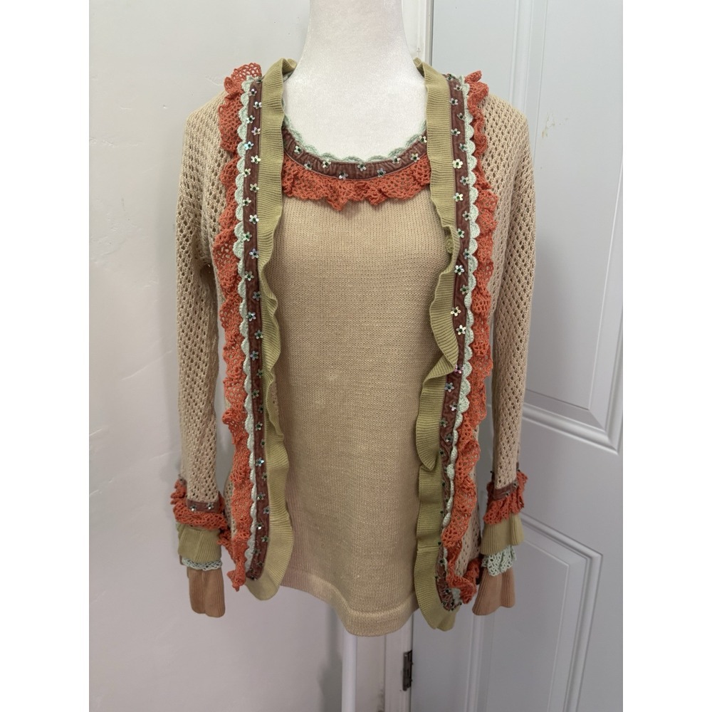 Storybook Knits Sweater Womens XS Small Tan Cardigan Ruffle‎ Floral Cottagecore